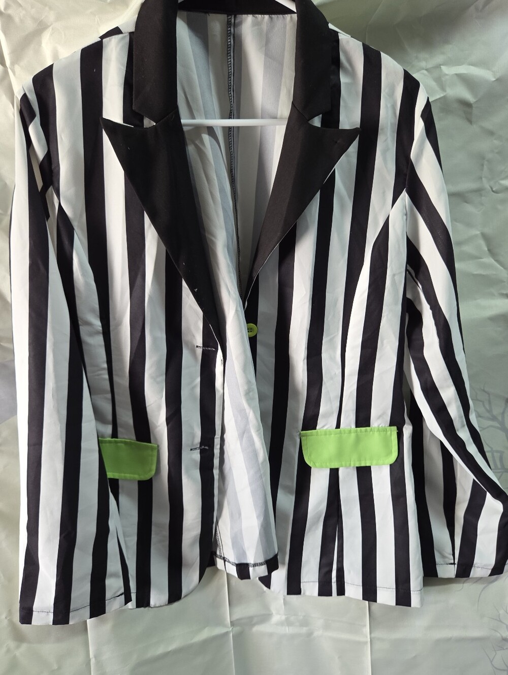 ROMWE Black & White Vertical Stripe Blazer with Lime Pocket Accents